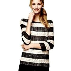 Talbots Crochet Nautical Stripe Lined Tunic Top M Black White Coastal Chic